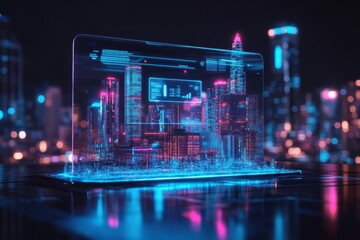 Obraz premium A transparent holographic interface projected in front of a futuristic cityscape, featuring interactive data floating in the air.
