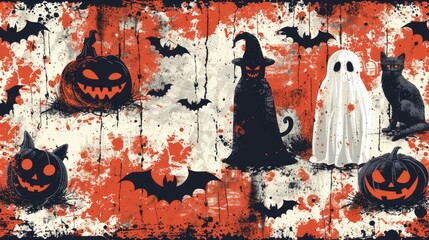 Colorful Halloween poster featuring spooky characters and decorations for festive celebrations