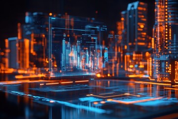 Obraz premium A transparent holographic interface projected in front of a futuristic cityscape, featuring interactive data floating in the air.
