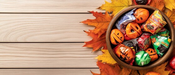 Colorful Halloween candies arranged in a bowl surrounded by autumn leaves on a wooden background.