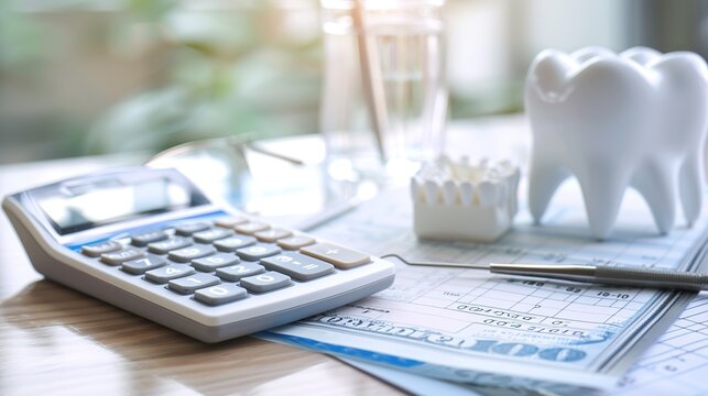 A calculator, dental model, and bill on a desk. Dental problems,oral health issues,dental insurance costs,dental procedure costs,dental care,oral hygiene.