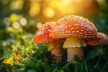 Fly agaric mushrooms growing on moss in the forest