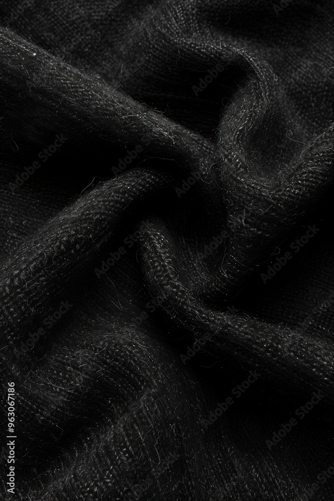 Poster Close-up view of black fabric with woven texture folded in half. Intricate pattern and shadow create striking visual effect. Fabric appears smooth with subtle wrinkles on gray background.