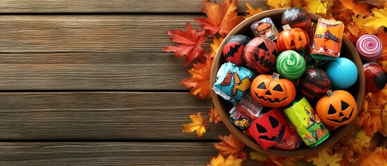 A festive bowl filled with colorful Halloween treats surrounded by vibrant autumn leaves, perfect for celebrating the spooky season.