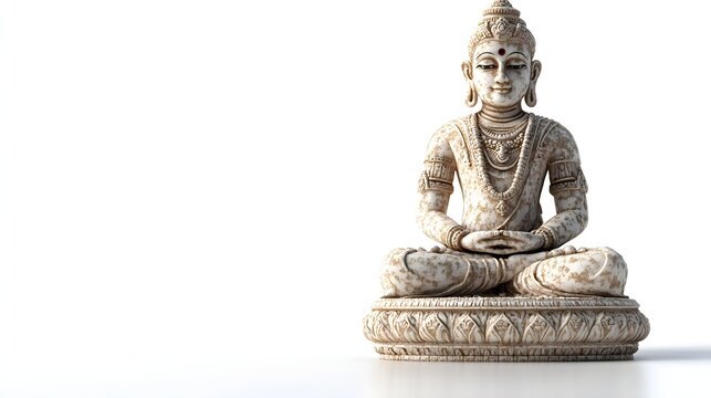 92. "A 3D image of the Jain Adinatha statue, artistically rendered with detailed textures and traditional patterns, isolated on a pristine white backdrop.