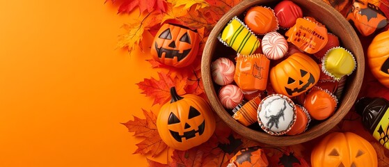 Colorful Halloween decorations with pumpkins and sweets in a wooden bowl, set against an autumn-themed background.