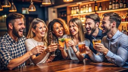 group of friends enjoying evening drinks in bar