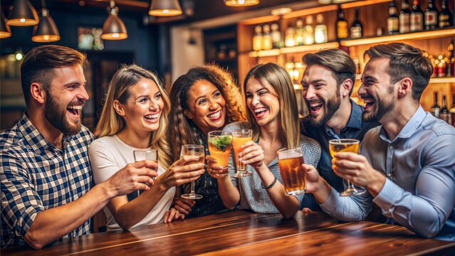 group of friends enjoying evening drinks in bar
