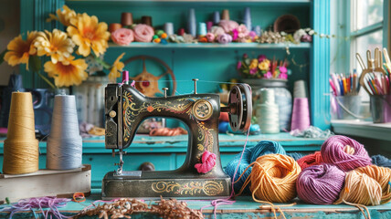 an image of a bohemian-inspired craft room with a colorful yarn stash and vintage sewing machine