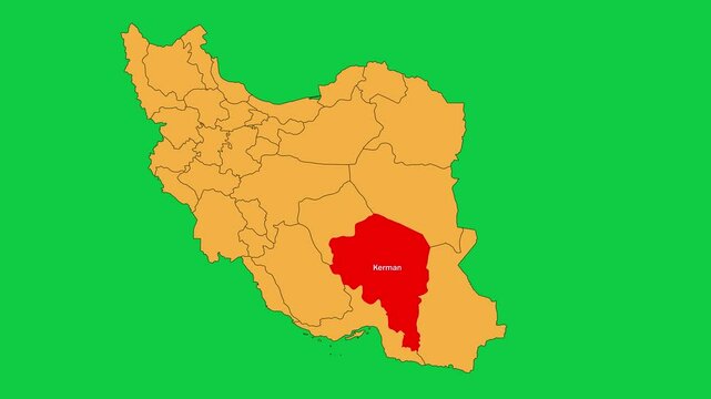 Kerman map animated video. Map Highlighted on the Iran map with animation and colour with Green screen background in video format.	