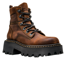 Stylish brown combat boots with thick soles for outdoor adventures isolated on transparent background