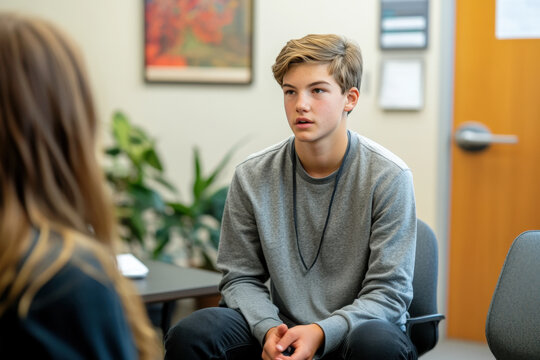 Teenage boy is opening up to a school counselor in her office