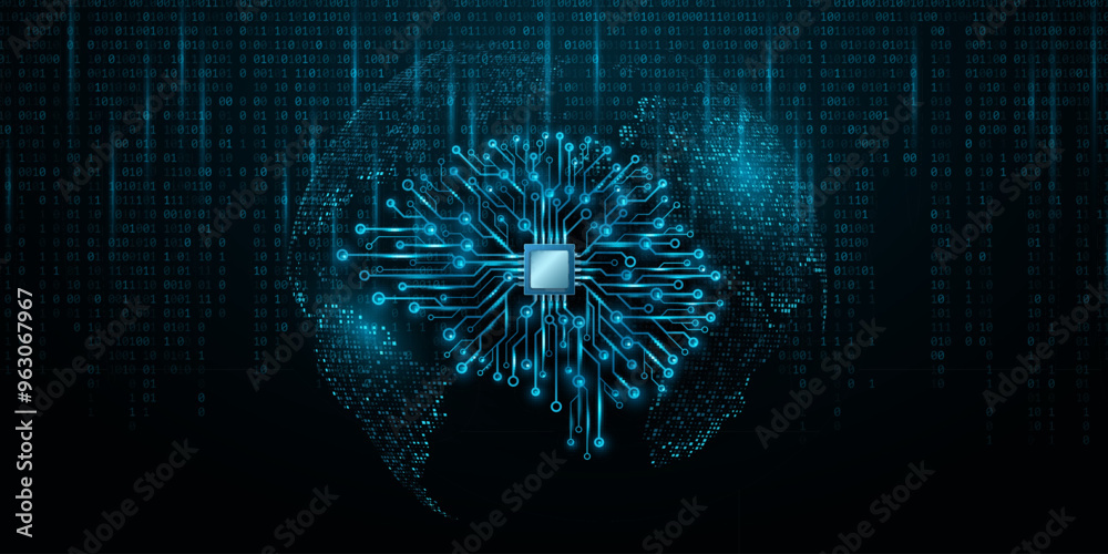 Poster ai brain with cpu chip and glowing circuit board. futuristic world map with decaying binary code. ar