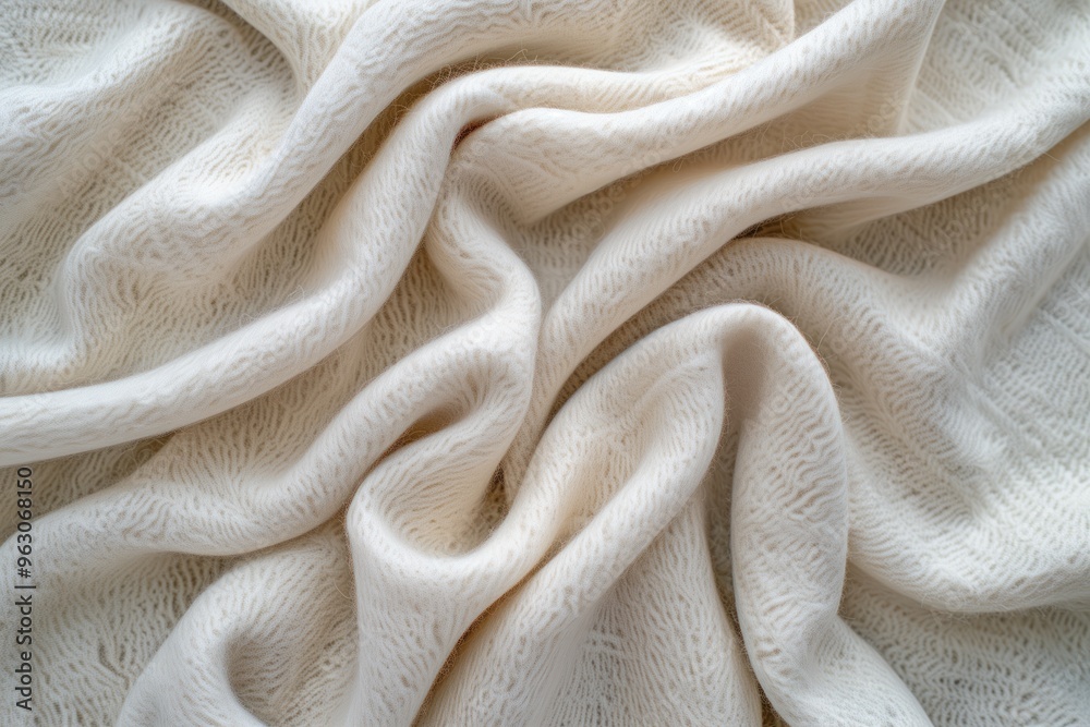 Poster Close-up view of white fabric with subtle texture folded in half revealing intricate pattern and design. Fabric has smooth surface completely covering frame background. Focus on fabric details.