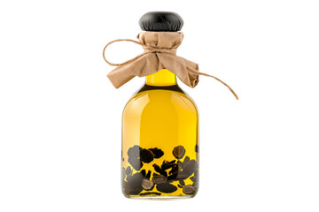 Truffle infused olive oil in bottle with cork surrounded isolated on white transparent background. Food ingredient and cooking concept