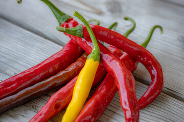 A vibrant pile of red and yellow chili peppers arranged on a rustic wooden background. The bright colors and glossy texture emphasize the freshness and spiciness of the peppers. 