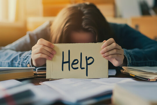 Stressed student is holding a sign asking for help while surrounded by books at home
