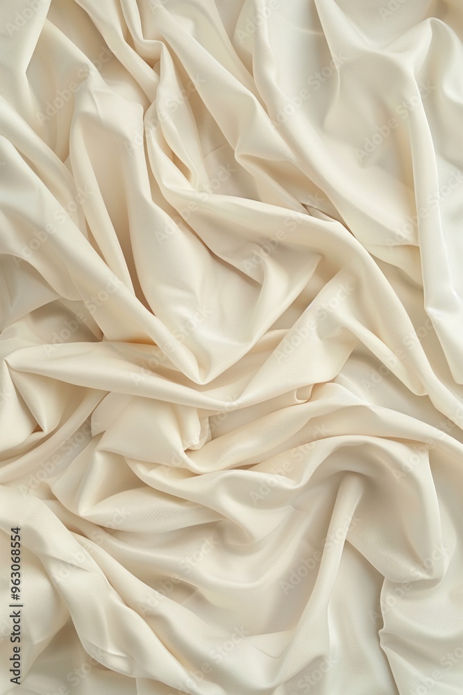 Poster close-up view of white fabric with crumpled texture, gray stripe on top right corner. fabric appears
