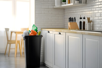 Full trash bin in interior of modern kitchen