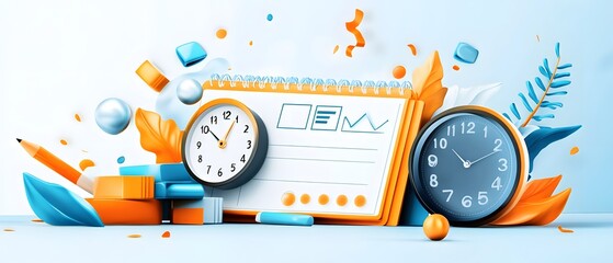 Time Management Concept with Clocks, Calendar and Stationery.