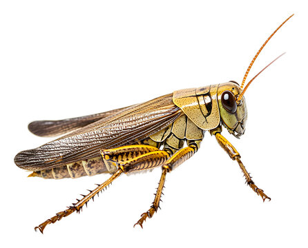 Close-up of a grasshopper on white background showcasing details isolated on transparent background