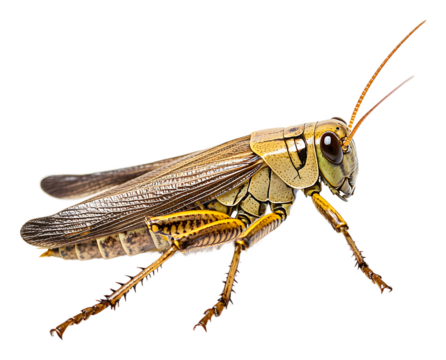 Close-up of a grasshopper on white background showcasing details isolated on transparent background