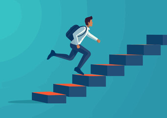Obraz premium Business Manager Overcoming Challenges: Man with Backpack Leaping Up Rising Business Chart in Minimalistic Vector Illustration, Concept of Success, Growth, and Achievement