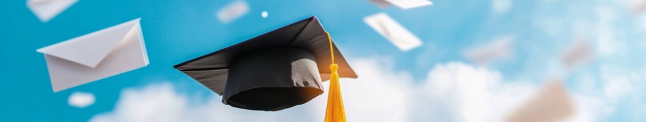 Floating Graduation Cap with Yellow Tassel Against Blue Sky: Creative Abstract Marketing Background for Education Concepts. Sunlit Bokeh with Clouds, Paper Planes, and Envelopes Symbolizing Dreams, Fr