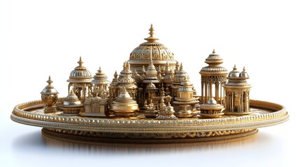 80. "A 3D image of the Jain Puja Thali, elaborately crafted with intricate details and traditional materials, isolated on a pristine white backdrop.