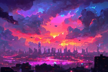 Obraz premium Epic futuristic cityscape with vibrant sky and glowing skyline