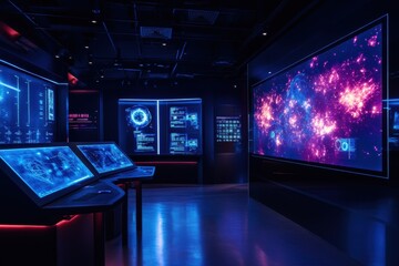 Fototapeta premium A futuristic innovation lab featuring holographic projections that showcase new technology designs and interactive prototypes.