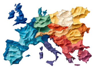 3D map of Europe showing geographical regions and borders isolated on transparent background
