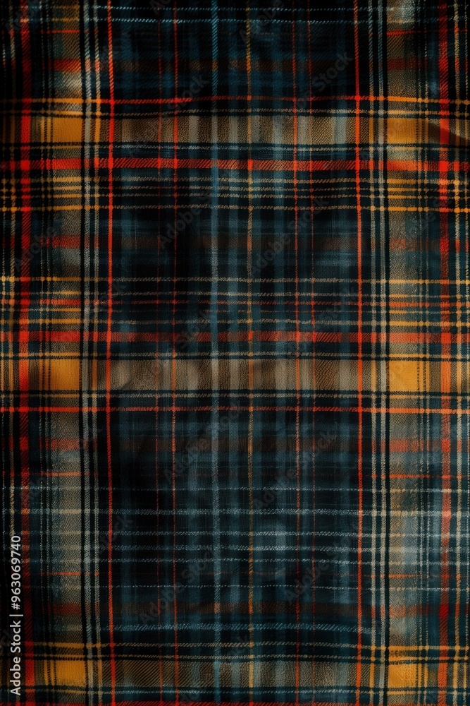 Poster vibrant plaid fabric with intricate diagonal stripes in deep blues, fiery reds, and sunny yellows. s