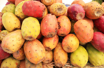 Pile of Ripe Prickly Pear Cactus Fruits (Opuntia Ficus indica) For Sale at Market Stall in Peru, South America
