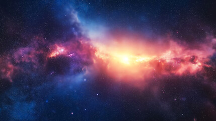 Fototapeta premium Galaxy exploration through outer space towards glowing milky way galaxy. glowing nebulae, clouds and stars field. Background 