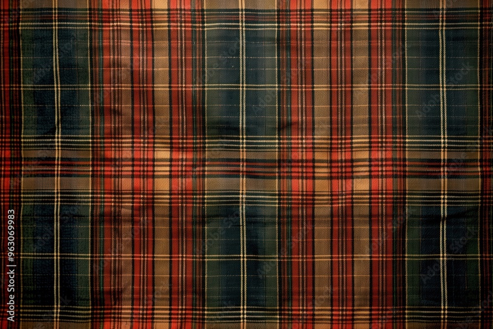 Aufkleber Close-up view of vibrant red and black plaid fabric with diagonal pattern. Fabric appears slightly wrinkled adding texture. Perfect for fashion, textile, or design projects.