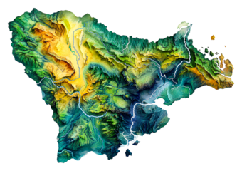 Topographic map of an island showcasing elevation and waterways isolated on transparent background