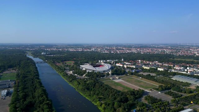 leipzig football stadium arena in summer day. Fantastic aerial view flight drone