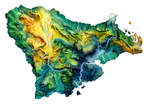 Topographic map of an island showcasing elevation and waterways isolated on transparent background