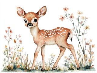 Watercolor of a cute baby deer surrounded by flowers and trees, in soft pastel colors, isolated on a white background