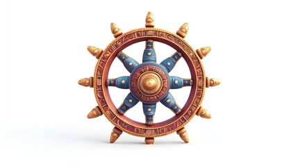 82. "A detailed 3D depiction of the Buddhist Dharma Wheel, crafted with intricate symbols and colors, isolated on a pristine white backdrop.
