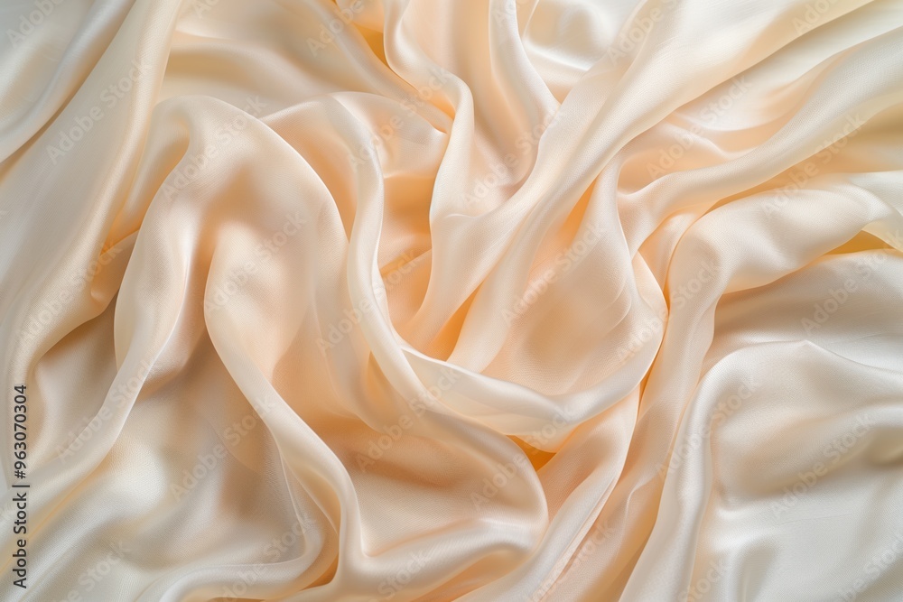 Poster Close-up view of beige fabric with soft texture, slightly wrinkled and grid-like pattern. Fabric appears synthetic, possibly polyester. Blurred background draws focus to intricate design.