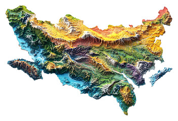 Topographic map of Central Asia's diverse landscapes isolated on transparent background