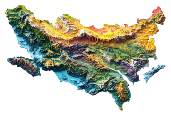 Topographic map of Central Asia's diverse landscapes isolated on transparent background
