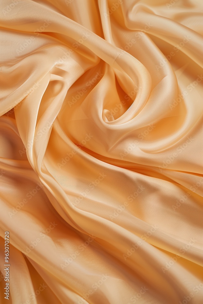 Poster Close-up view of orange fabric with intricate texture and layers. Fabric folded in half revealing its vibrant color and texture. Simple gray background contrasts with the orange hue.