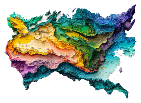 Topographic map of Turkey showcasing diverse landscapes and elevations isolated on transparent background