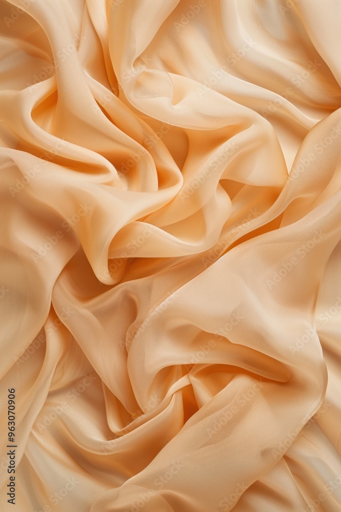 Poster Close-up view of beige fabric with textured appearance. Crumpled wool-like material folded in half, revealing inner structure. Blurred background focuses on fabric natural fibers and crinkled texture.