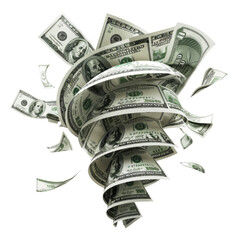 Tornado of swirling dollar bills representing financial chaos and power. Transparent.