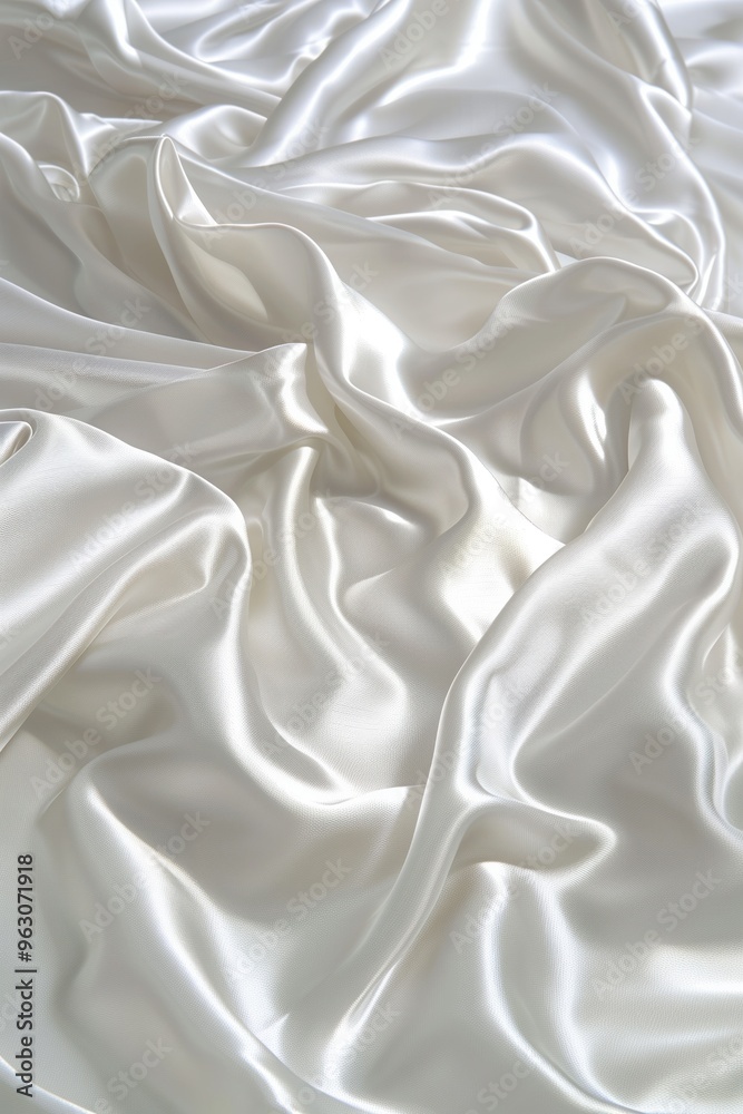 Poster close-up view of white fabric with intricate crisscrossed pattern. fabric has slight sheen, wrinkles