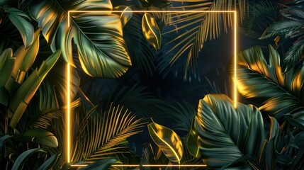Lush tropical leaves framed with glowing light creating a vibrant, exotic atmosphere Dark background enhances the vivid colors of the foliage